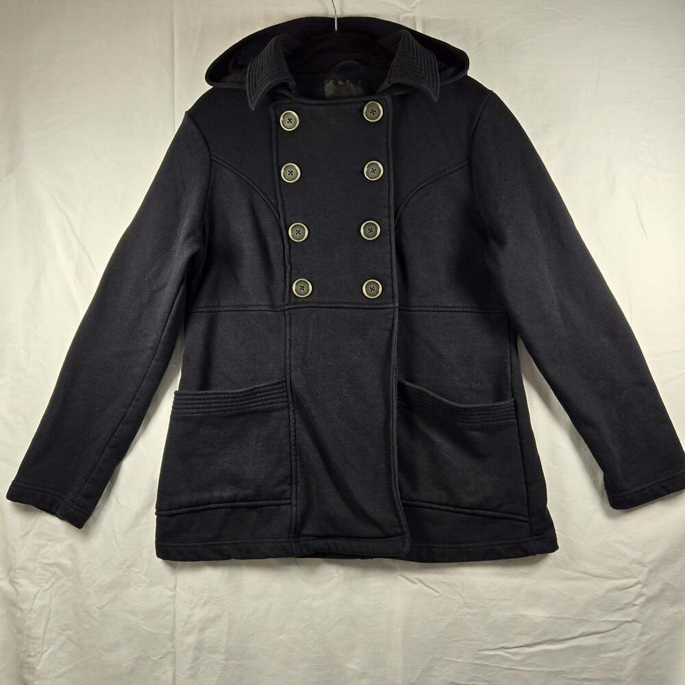 Mossimo Black Fleece Lined Pea Coat Jacket Double Breasted Hooded XXL Coastal